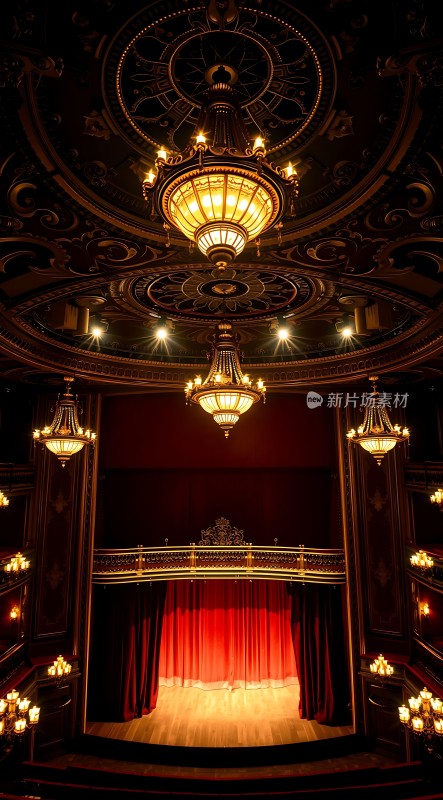 剧院舞台上的华丽吊灯和红色幕布