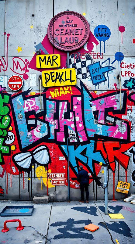 街头艺术色彩斑斓的涂鸦墙