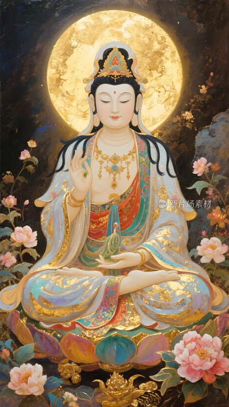 月光下的菩萨坐莲花手持净瓶周围环绕着盛开的牡丹花