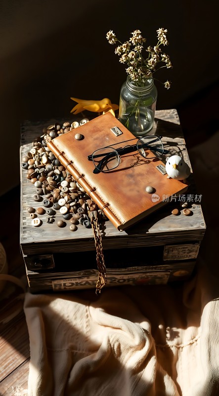 阳光下的复古静物笔记本、眼镜和干花