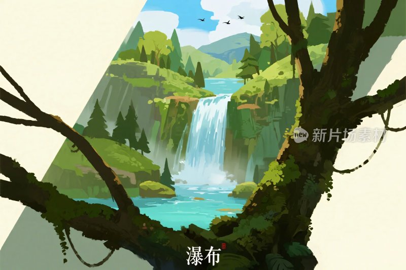 森林瀑布风景插画