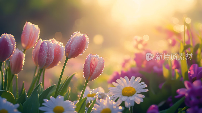 春天春日晨曦中的郁金香小雏菊鲜花