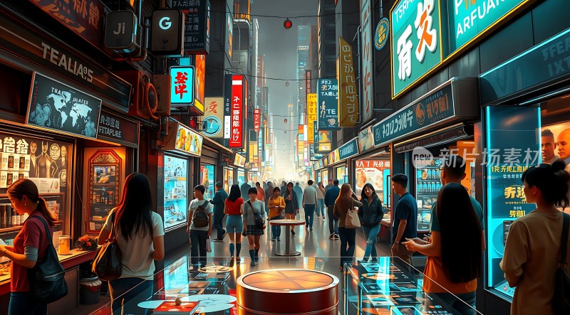 繁华都市街头霓虹闪烁人群熙攘
