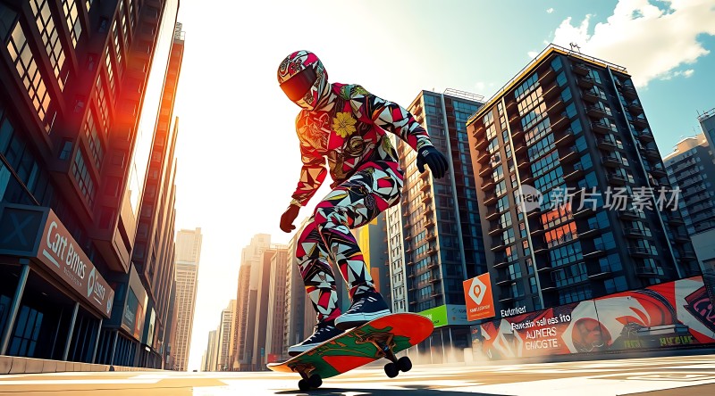 滑板少年飞跃城市高楼