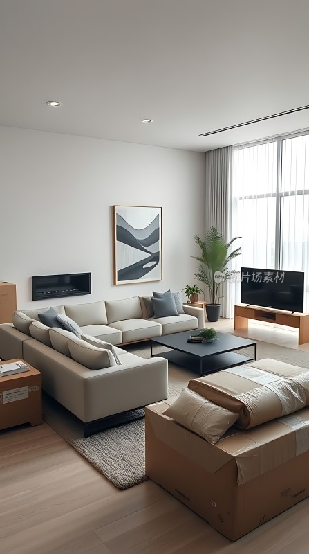 现代简约客厅舒适沙发与艺术装饰画