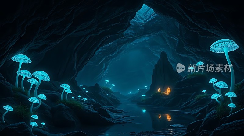 神秘洞穴中的荧光蘑菇