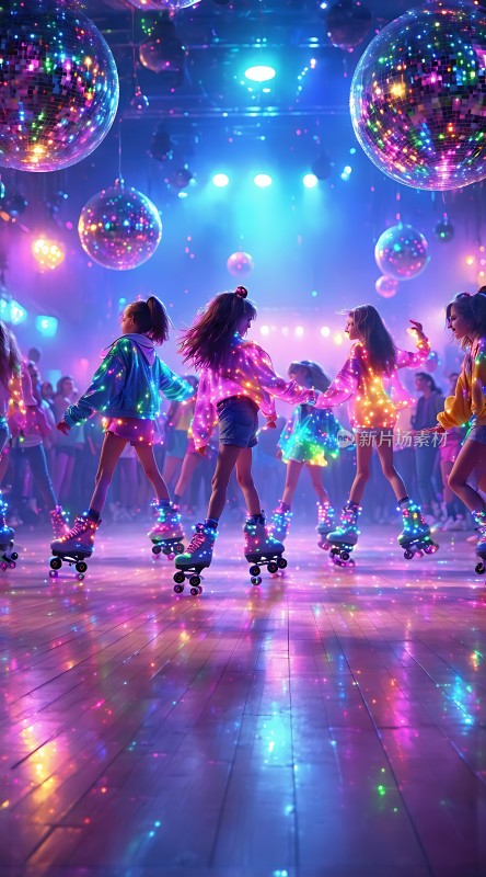 霓虹灯光下的活力滑轮少女