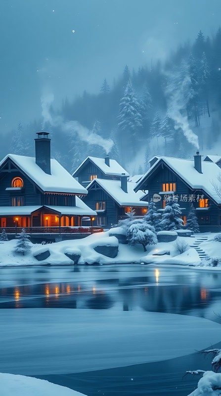 雪夜湖畔温馨小屋