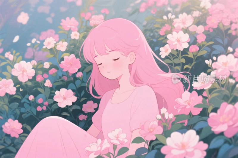 粉色长发女孩花丛插画