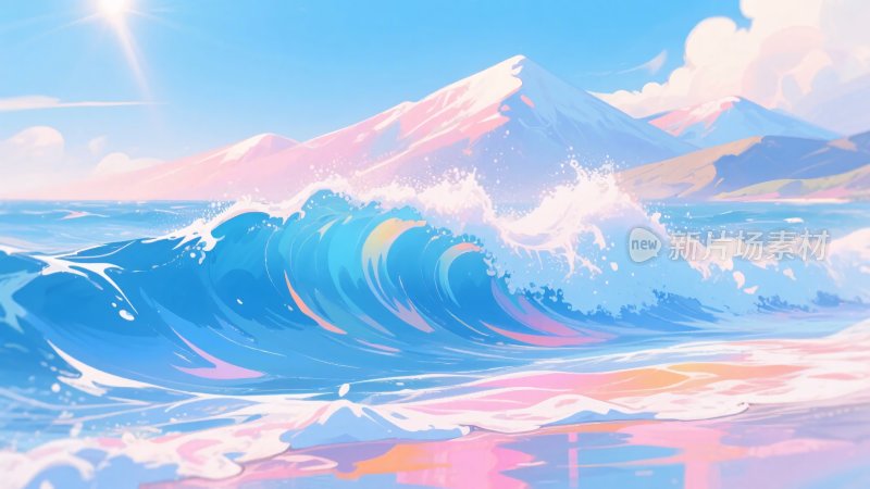 海边壮丽波浪与远山风景插画