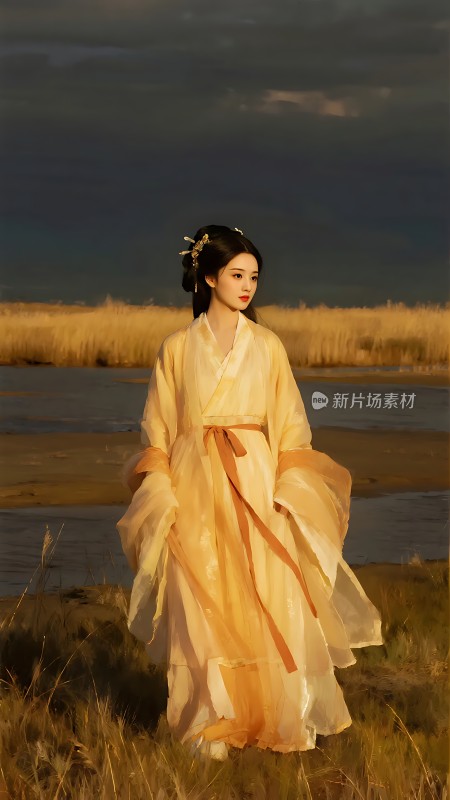 汉服佳人湖畔静立