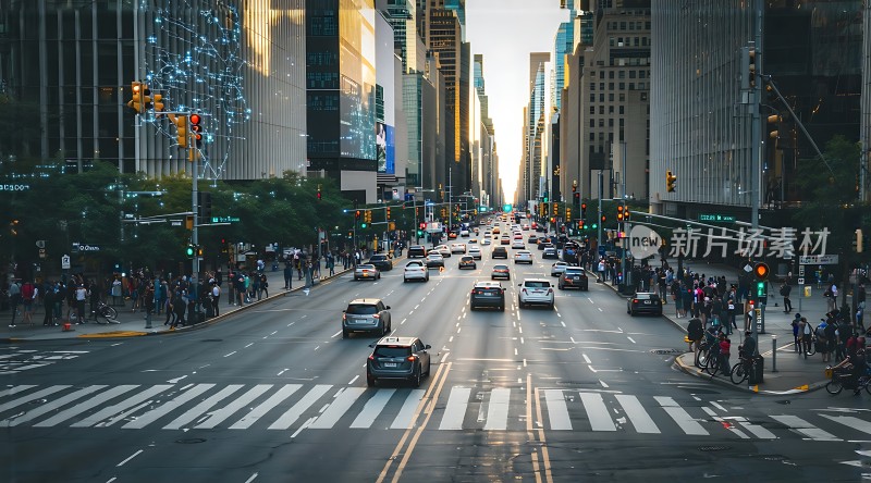 繁华都市街道车水马龙高楼林立人群熙攘