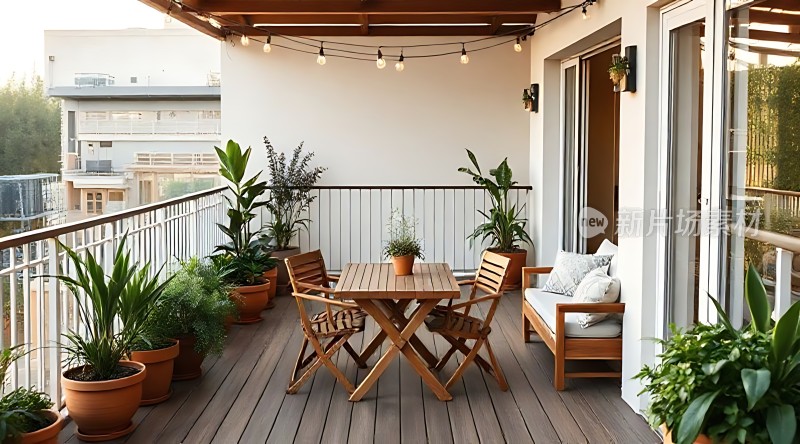 阳光下的温馨露台绿意盎然木制家具舒适宜人