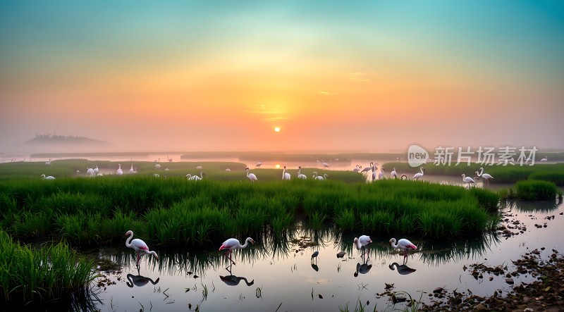 日出时分的火烈鸟群