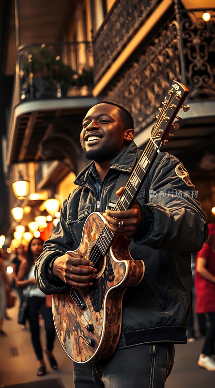街头吉他手夜色中弹奏旋律