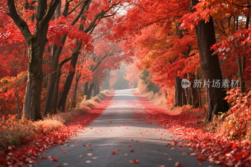 秋日林荫道红叶景色