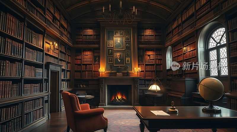 古色古香书房书架、壁炉与地球仪