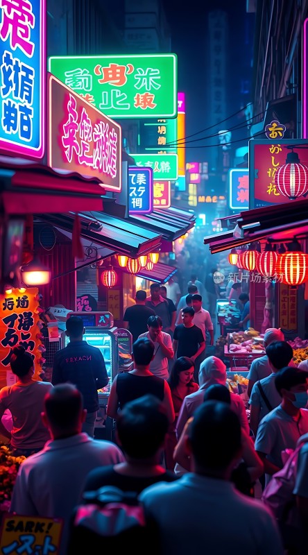 霓虹灯下的繁华夜市热闹非凡