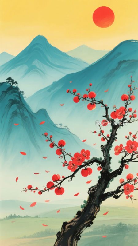 红梅映日与远山风景图