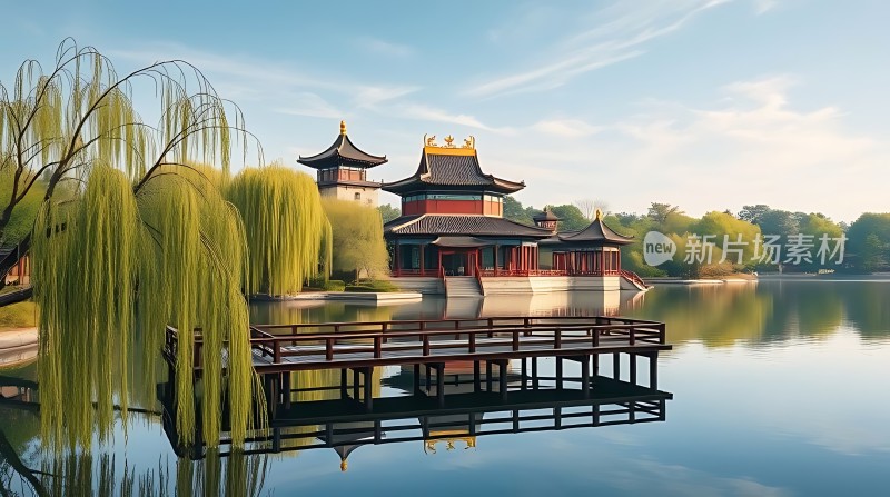 湖畔古亭柳垂波