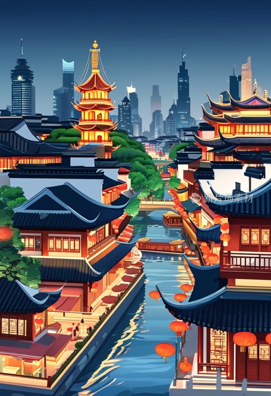 卡通南京夫子庙夜景