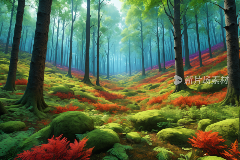 描绘一片森林一条穿过树林小路和红色花朵