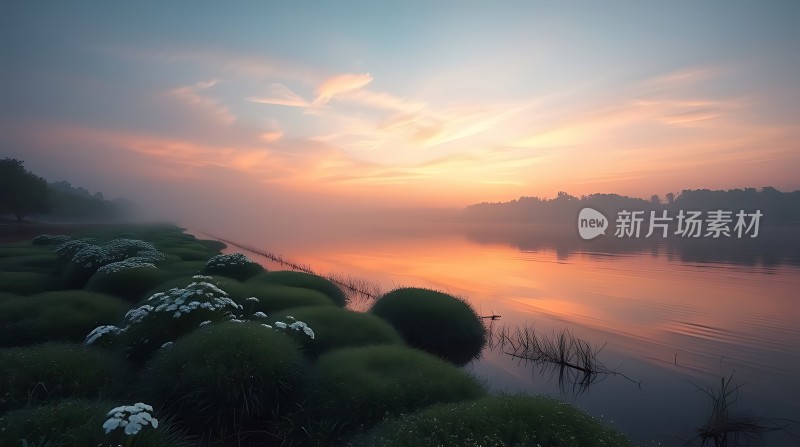 湖畔晨曦花映水波