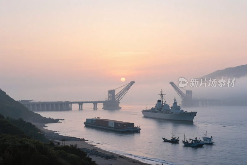 海港日出时的船只与桥梁景观