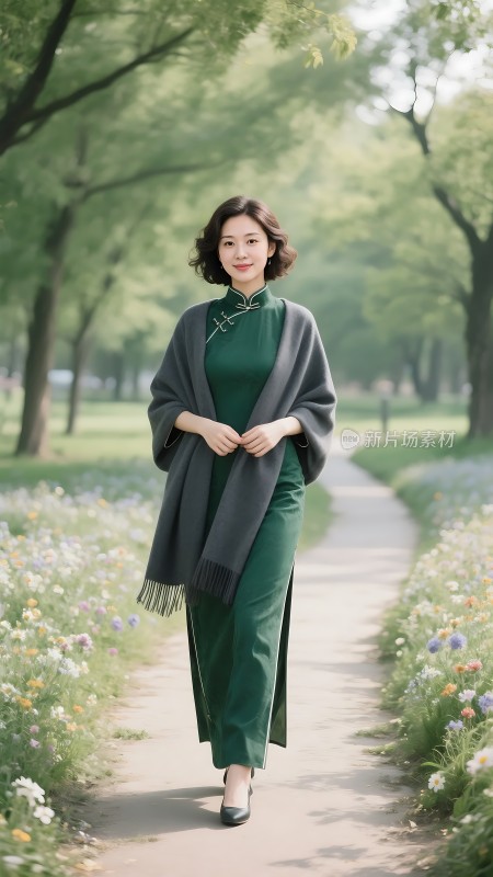 绿裙佳人漫步花间小径