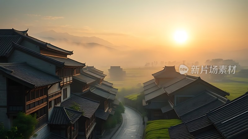 晨曦中的古村落风光