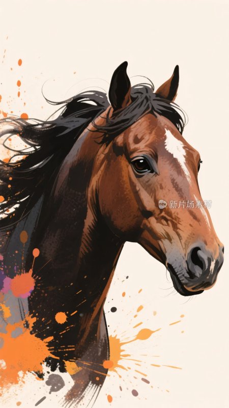 骏马插画飞扬鬃毛与斑斓墨点