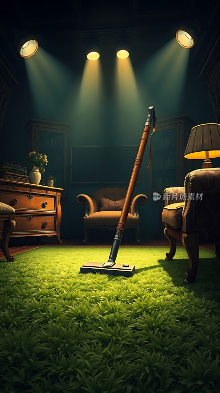 绿色地毯上的吸尘器