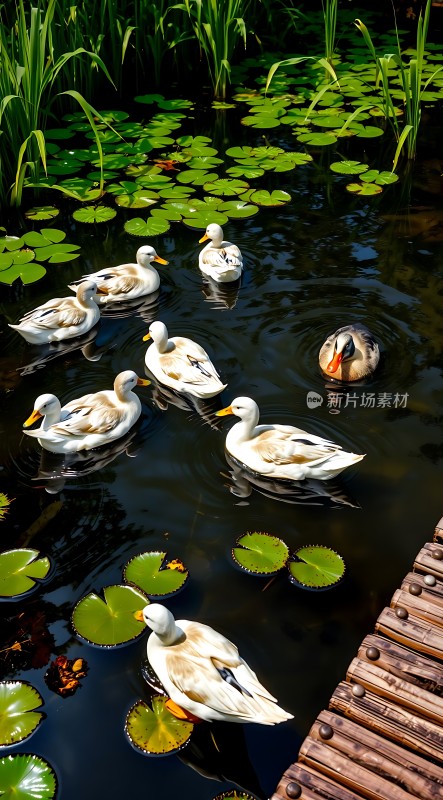 绿荷轻波间白鸭悠然游