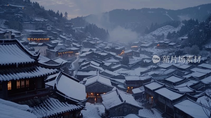 冬天中国塔楼古镇下雪古风雪景