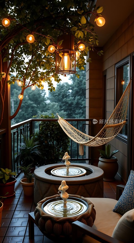 温馨露台绿意盎然吊椅静候灯光闪烁营造舒适氛围