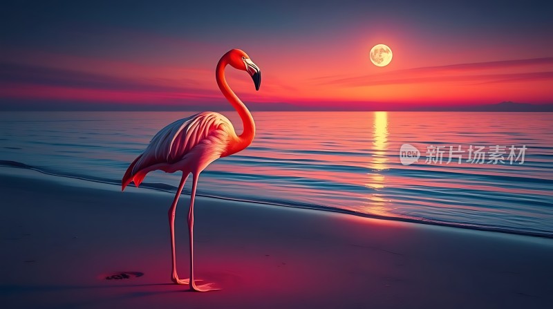 火红夕阳下的火烈鸟