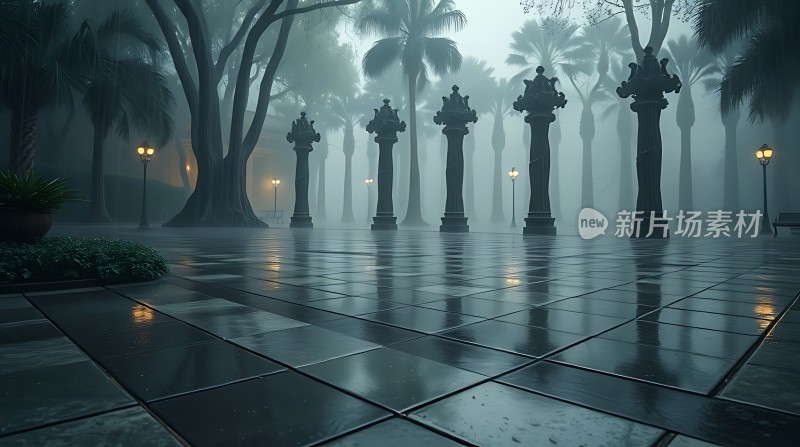 雨夜棕榈树下的神秘雕像
