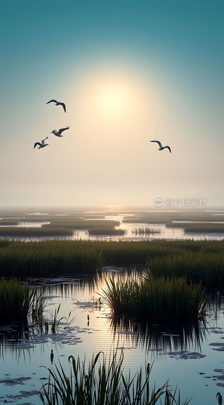 晨光下的湿地飞翔