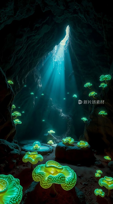 神秘洞穴中的奇幻荧光蘑菇