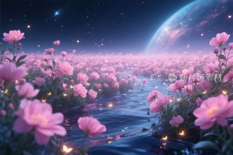 梦幻花海星空插画