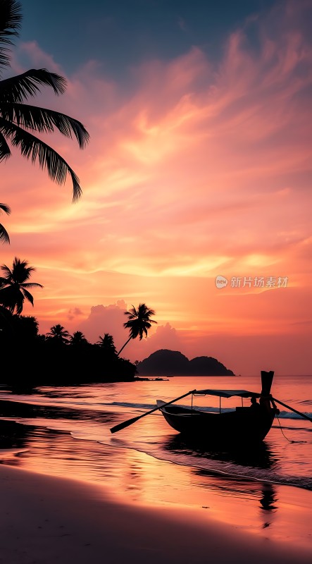 椰林晚霞映红海孤舟静泊听潮声
