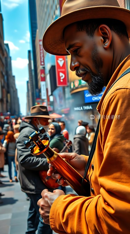 街头音乐家与城市风景