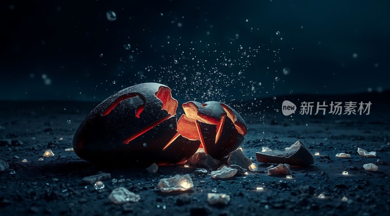 黑暗中破碎的蛋壳与发光碎片