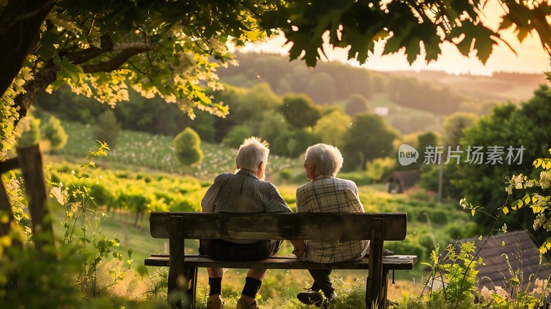 夕阳下的老年夫妇坐在长椅上欣赏风景