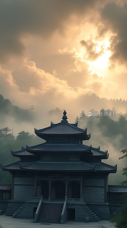 晨曦中的古寺云雾缭绕