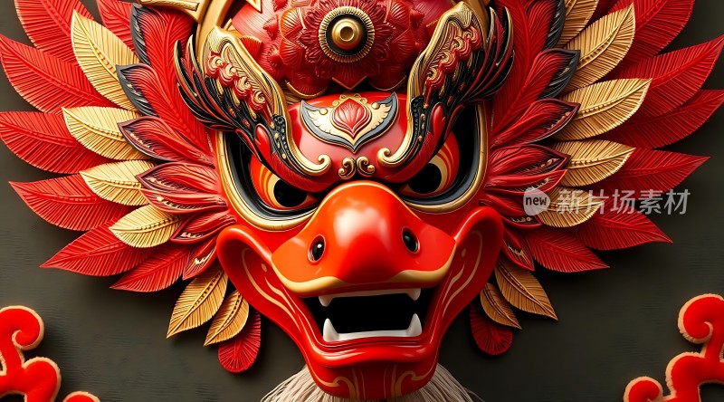 红色龙面具金红相间威武壮观