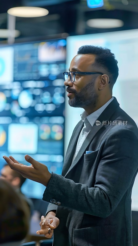 商务男士在会议室中自信演讲