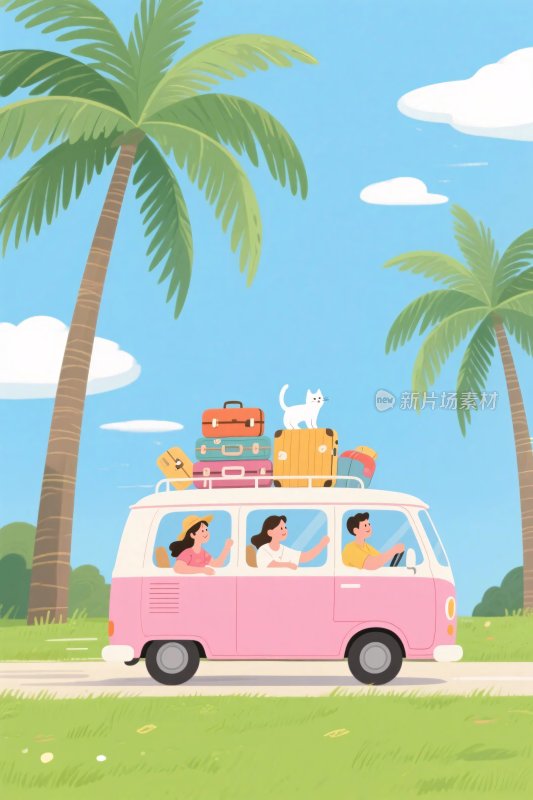 粉色巴士夏日卡通插画