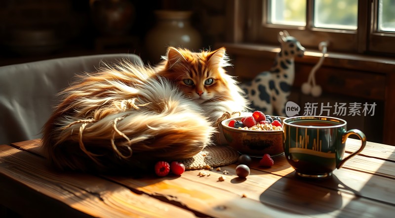 阳光下的橘猫与早餐