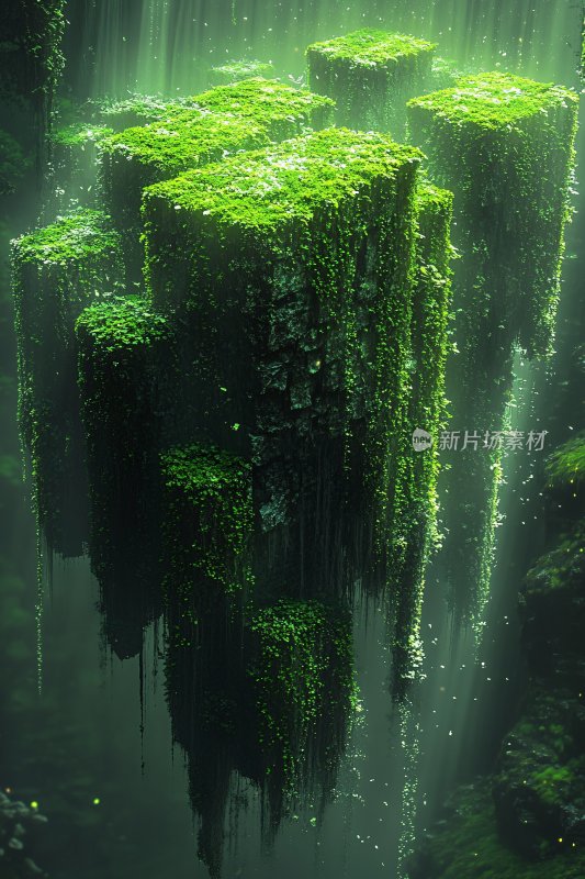 悬浮绿苔方块奇幻场景
